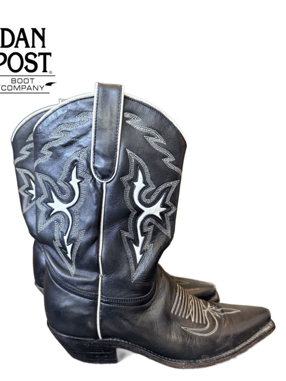 Dan Post Black Leather Western Boots with White Stitching - Picture 3 of 11